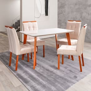 Conjunto Mesa Verona Tampo Off White com 4 Cadeiras em Madeira Maciça, Estofada Sophia Authentic Champagnhe/Off White/Marfim