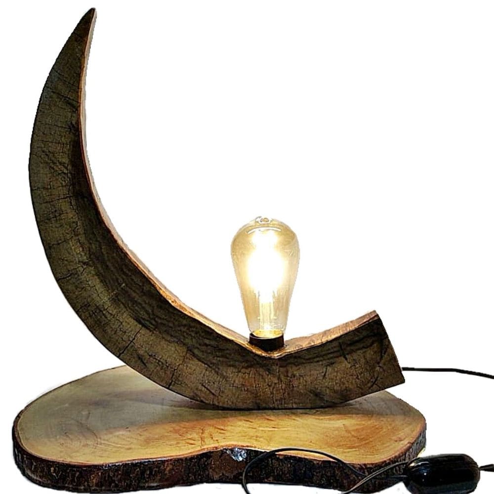 Luminária Rústica de Mesa Bolacha de Madeira Meia Lua