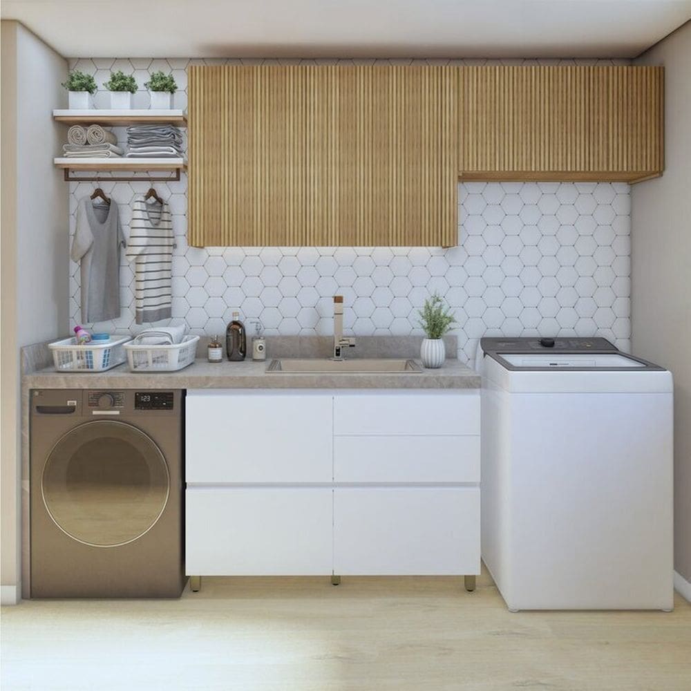 Lavanderia Modulada com 2 Armários Aéreos e Balcão 100% MDF Rainha Branco/Marrom