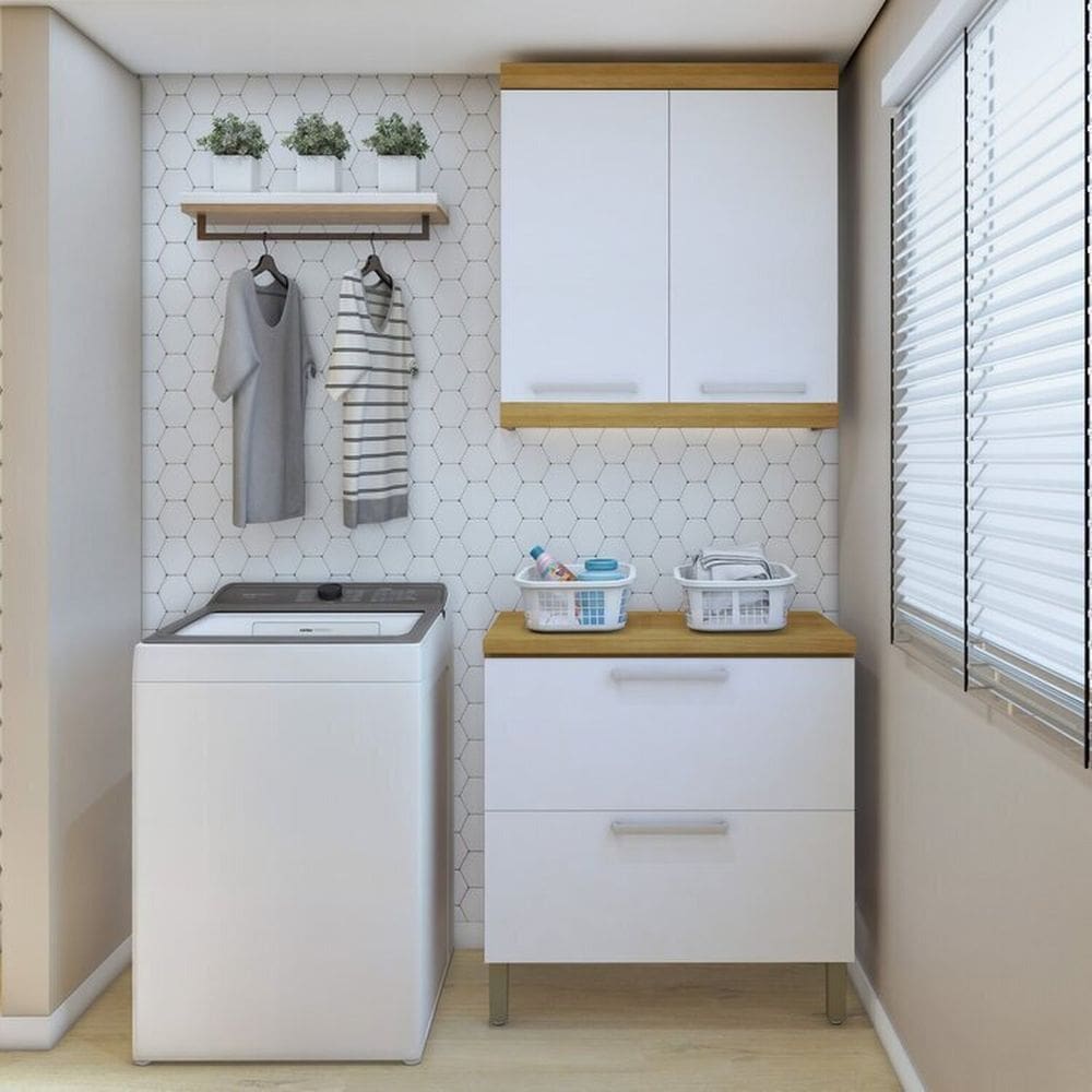 Lavanderia Modulada com Balcão 2 Portas e Armário Aéreo 100% Mdf Burguesa Amadeirado Freijó/Branco
