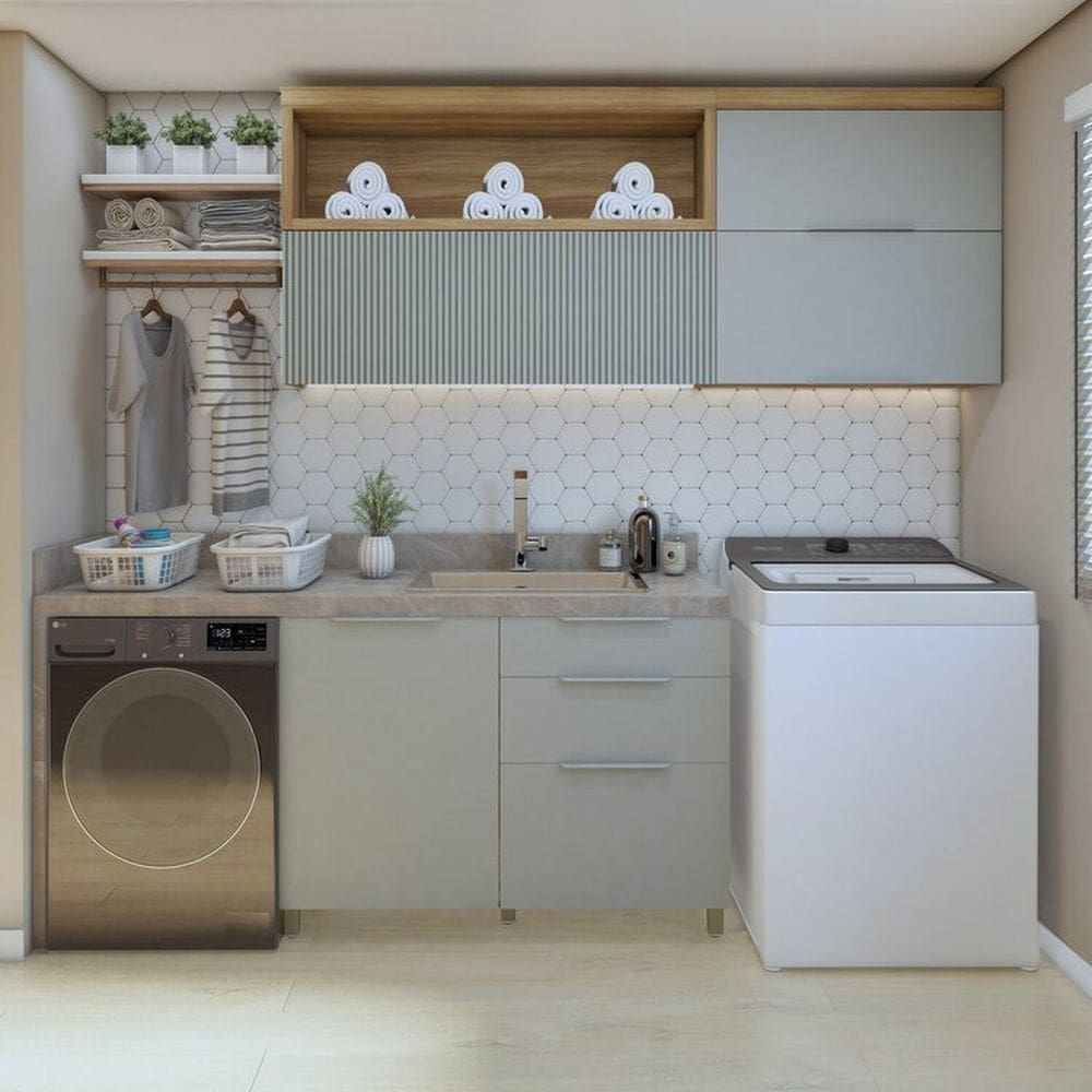 Lavanderia Modulada com 2 Armários Aéreos e 1 Balcão 1 Porta 100% Mdf Marrom/Verde