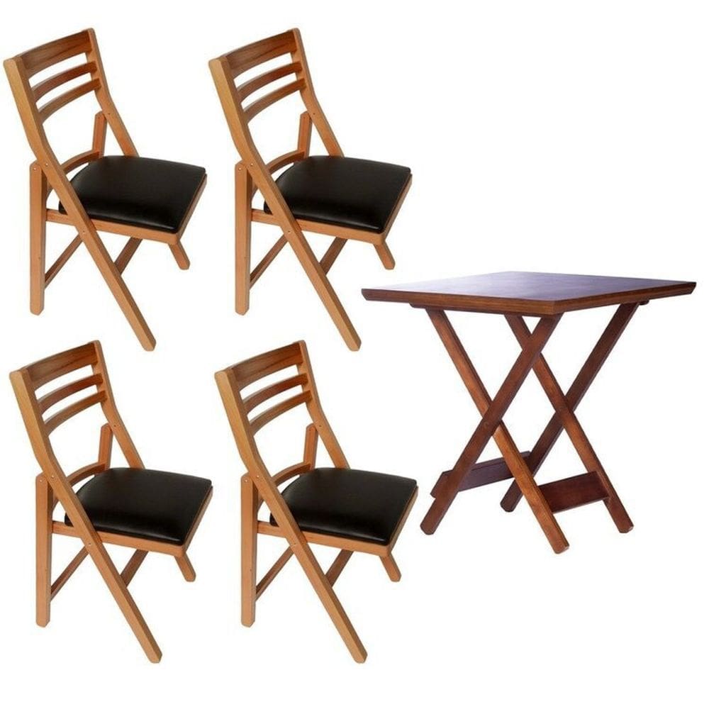 Conjunto Estofado Dobrável em Madeira Maciça 4x Cadeiras Internacional 1x Mesa Alagoas Natural