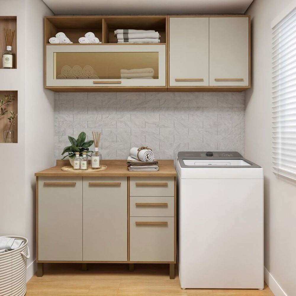 Lavanderia Modulada com 2 Armários Aéreos e Balcão 3 Portas Salvador Cinamomo/Off White