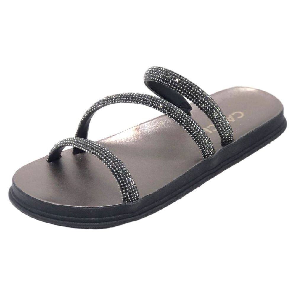Chinelo Flat de Brilho Strass Cacci com Tiras Versátil Moda