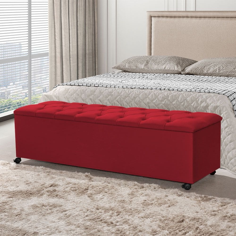 Recamier Baú com Rodízios Cancun 1,83m Veludo Vermelho