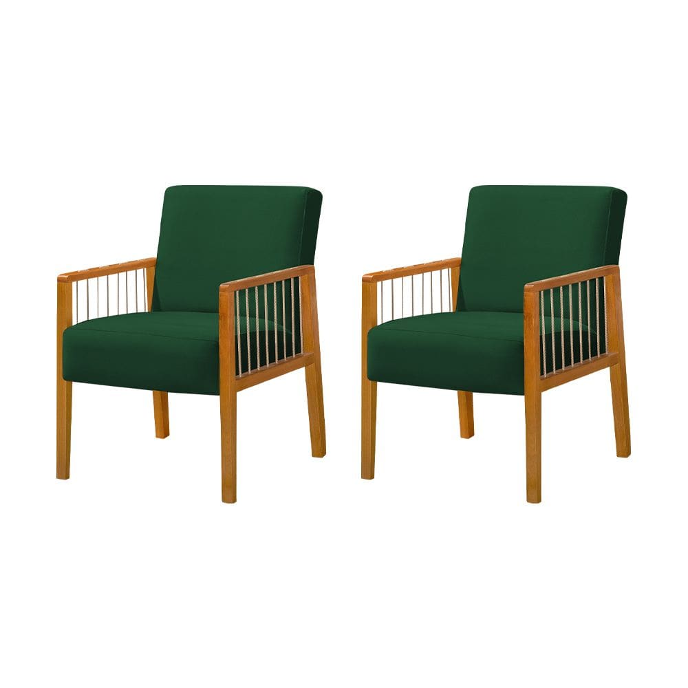 Kit 2 Poltronas Decorativas Base em Madeira Maciça e Corda Náutica Copacabana Veludo Verde