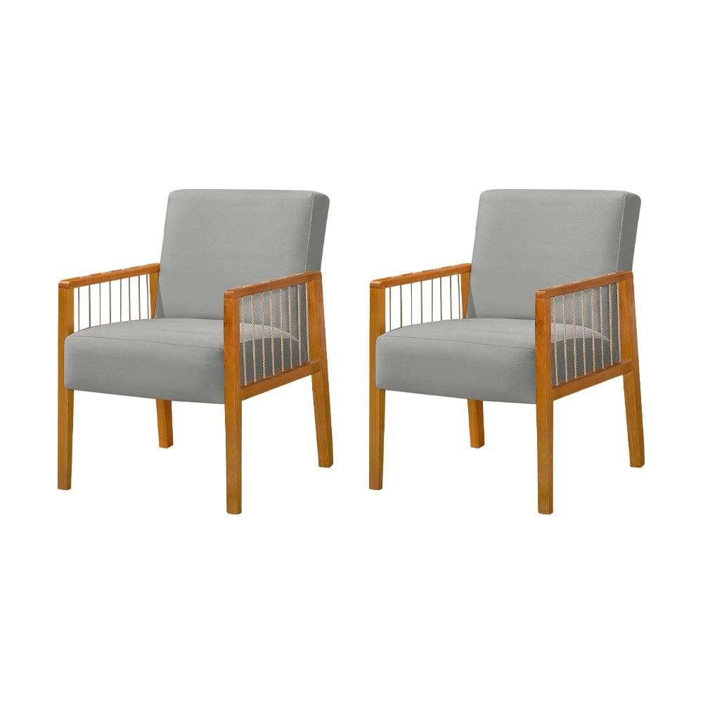 Kit 2 Poltronas Decorativas Base em Madeira Maciça e Corda Náutica Copacabana Veludo Cinza Claro 