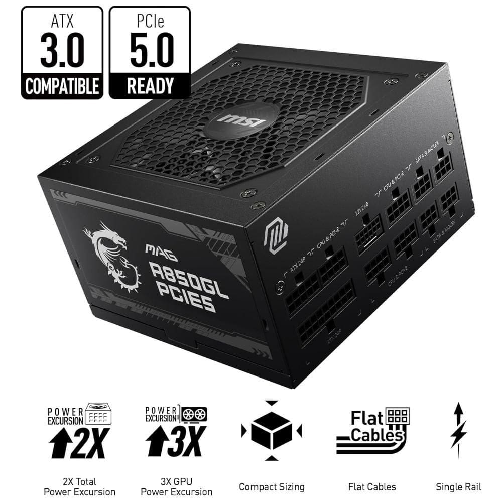 Fonte PC 850W 80 Plus Gold MSI MAG A850GL, Compatível com ATX 3.0, conector nativo PCIe 5.0, PFC Ativo, Modular  MSI