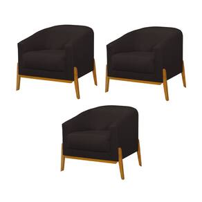 Kit 3 Poltronas Living Base em Madeira Maciça Flórida Linho Marrom Escuro