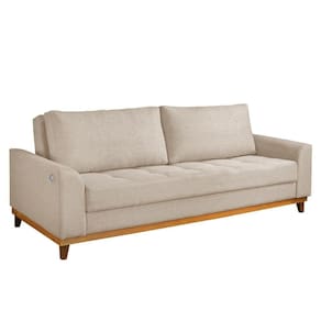 Sofá Living E Reclinável Jasmin Linho Com Pés De Madeira Usb Com Kit Usb Cor Palha 2151