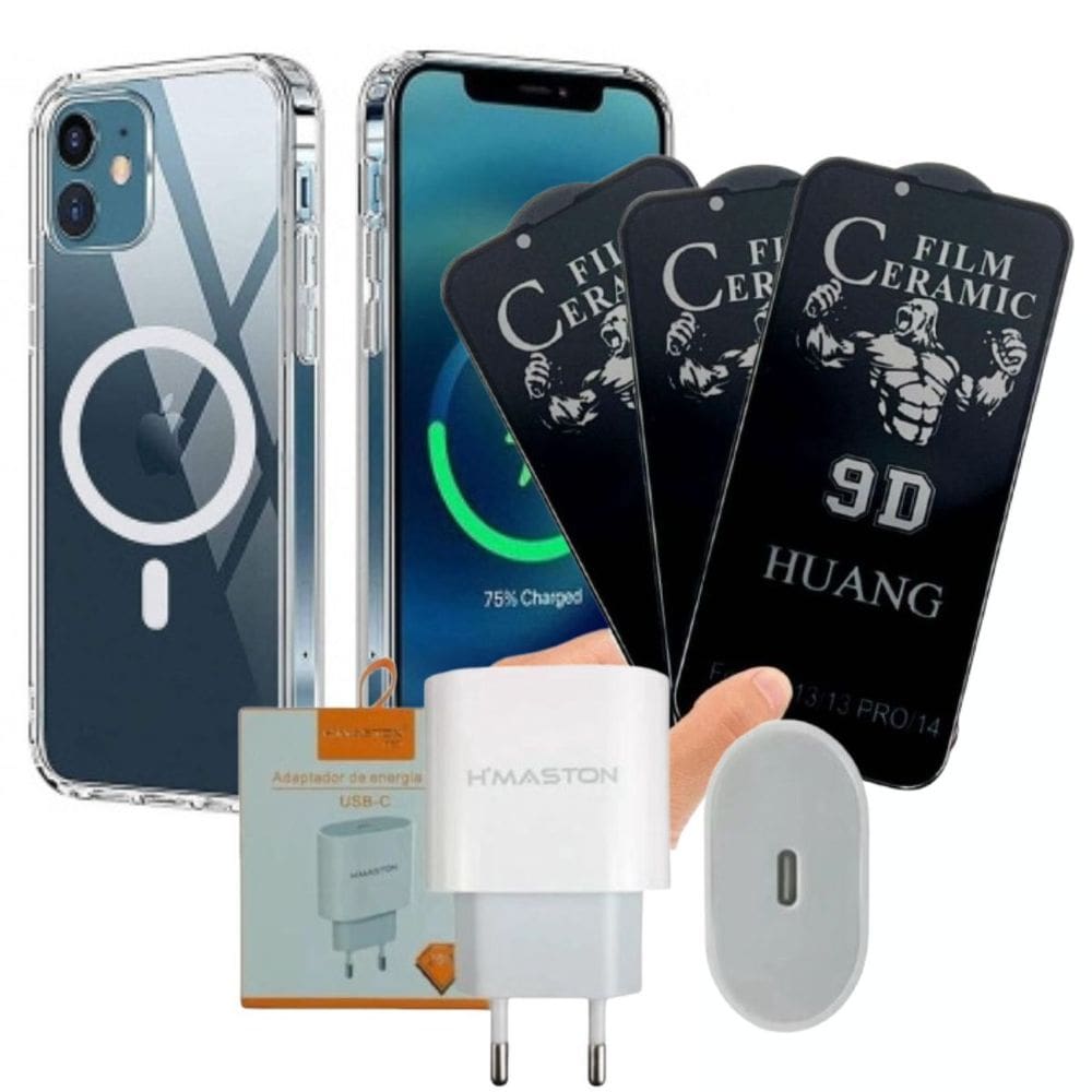 CAPA lPHONE 13 COM MAGSAFE + PELÍCULA  DE PRIVACIDADE + CARREGADOR FONTE