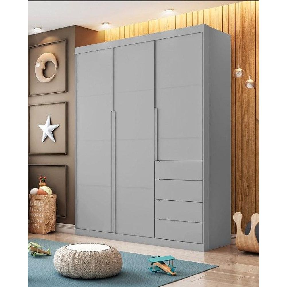 Guarda Roupa Branco 3 portas e 4 gavetas Pérola Cinza - Phoenix Baby