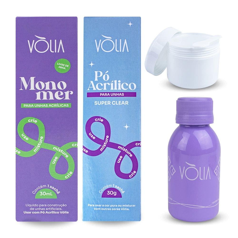 Kit Monomer 30ml + Pó Super Clear Vòlia + Pote Gel + Frasco