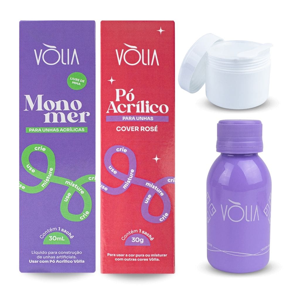 Kit Monomer 30ml + Pó Cover Rosé Vòlia + Pote Gel + Frasco