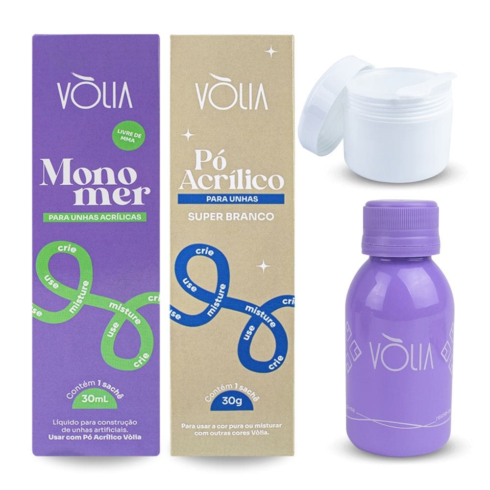 Kit Monomer 30ml + Pó Super Branco Vòlia + Pote Gel + Frasco