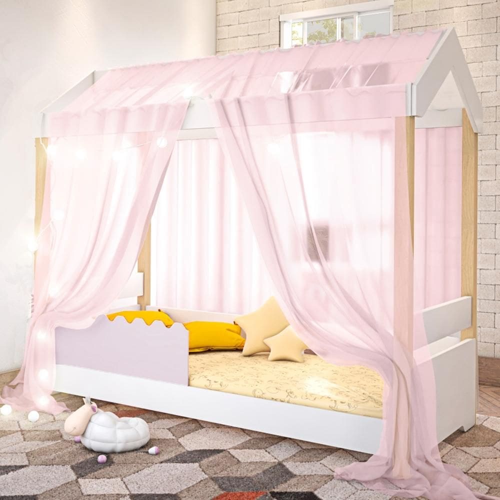 Cama Jéssica Solteiro Branco/Rosê com Voal Rosa e LED