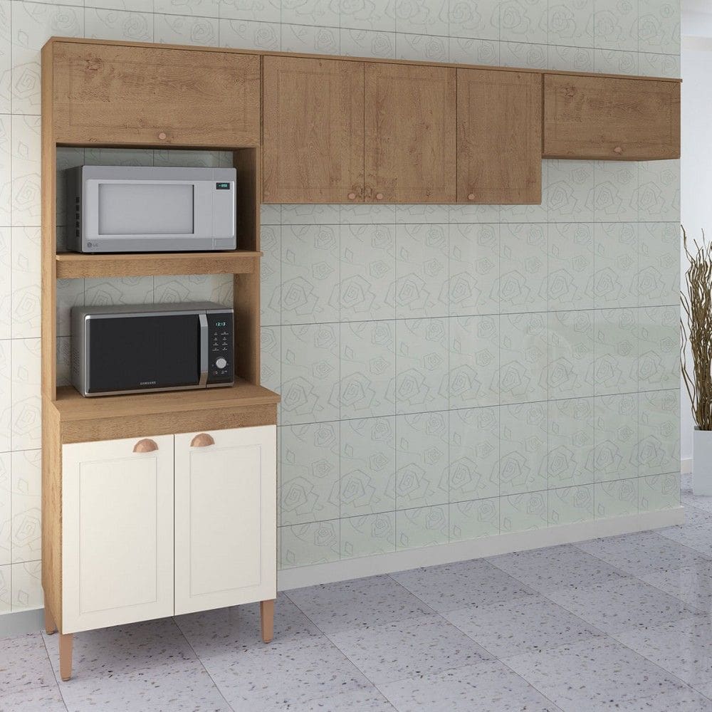 Cozinha Compacta Viena 7 Portas 2 Prateleiras Canelato Rustico/Off White - Atualle Móveis