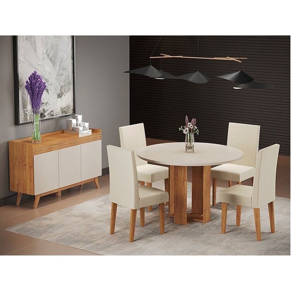 Conjunto Mesa de Jantar Redonda 90x90 Chiara com 4 Cadeiras Venus e Buffet 3 Portas Espanha Mel/Blonde/Bege