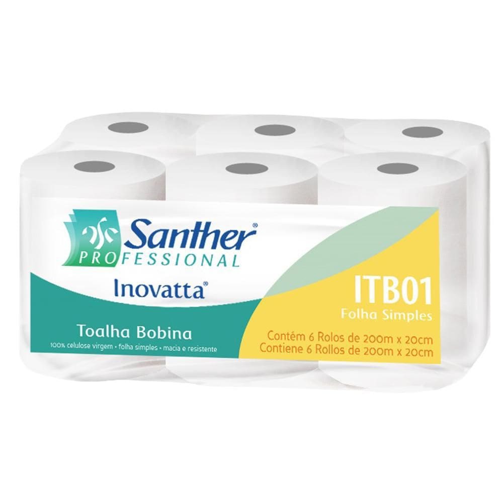 Toalha Papel Rolo Branca 20Cmx200M 06 Rolos Santher Inovatta