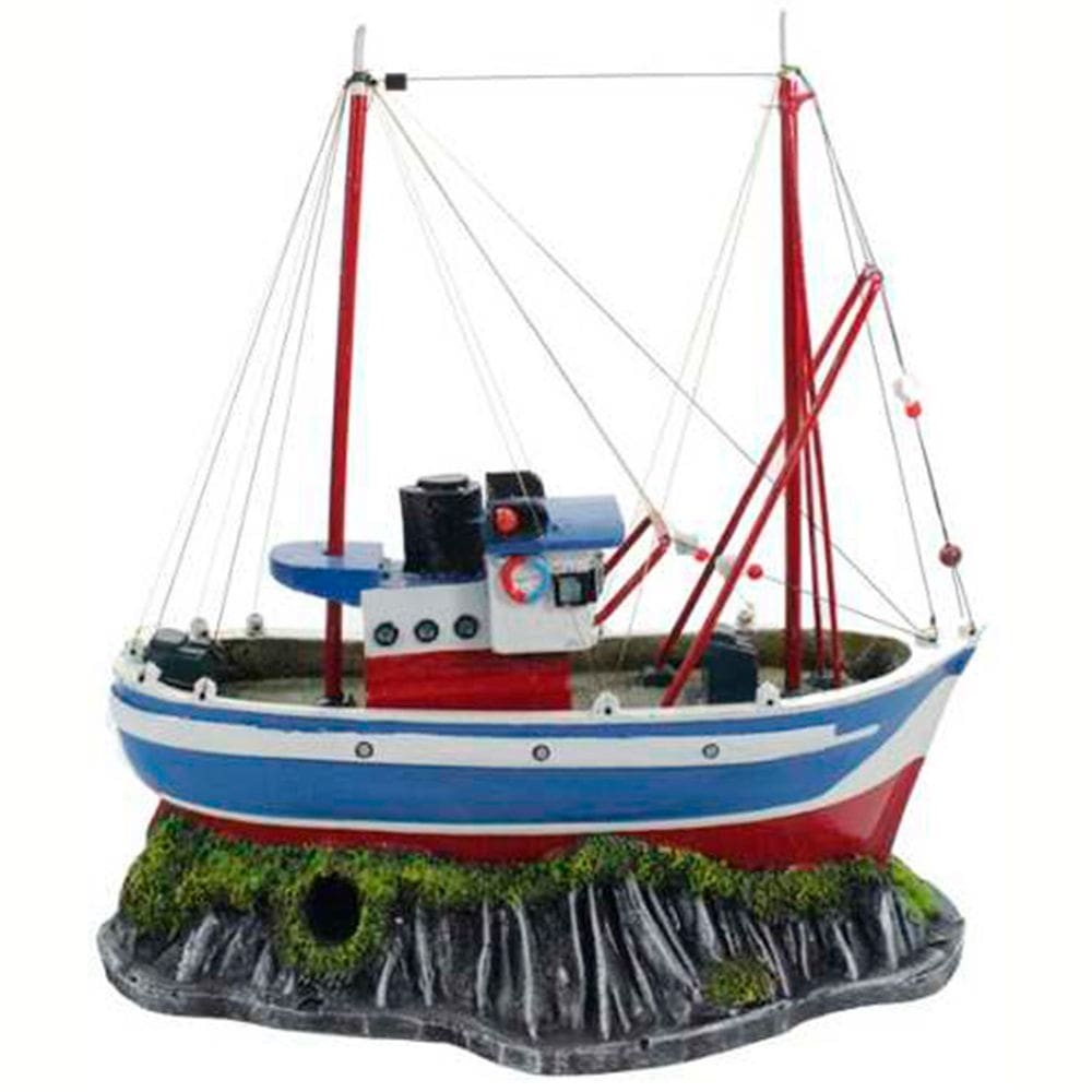 Enfeite Para Aquário - Barco Rede Pesca B29