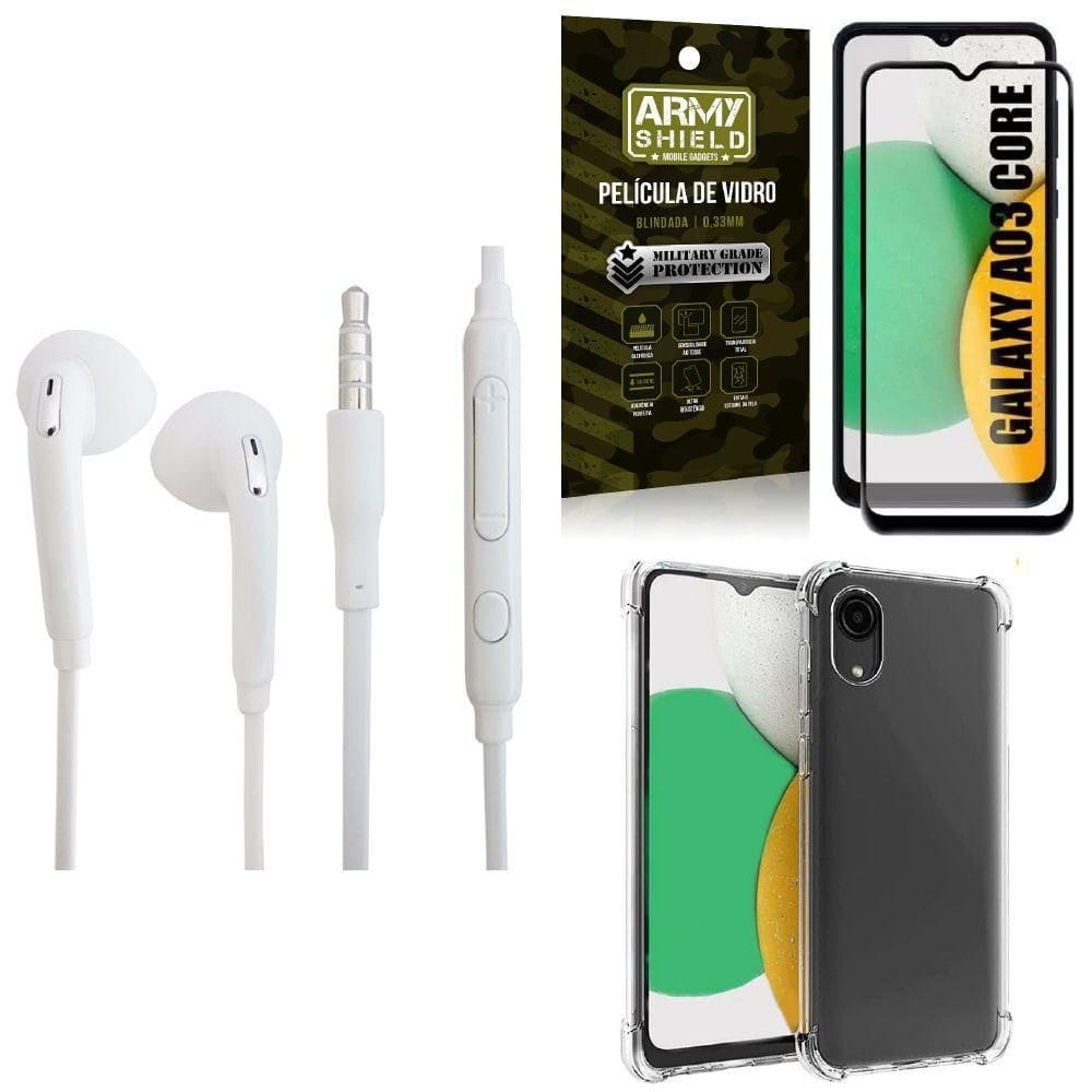 Kit Capinha Samsung A03 Core + Fone De Ouvido P2 + Película