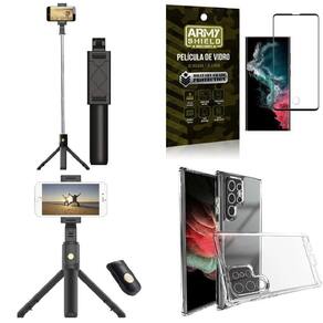 Capa S22 Ultra +Mini Tripé Selfie Bluetooth +Película