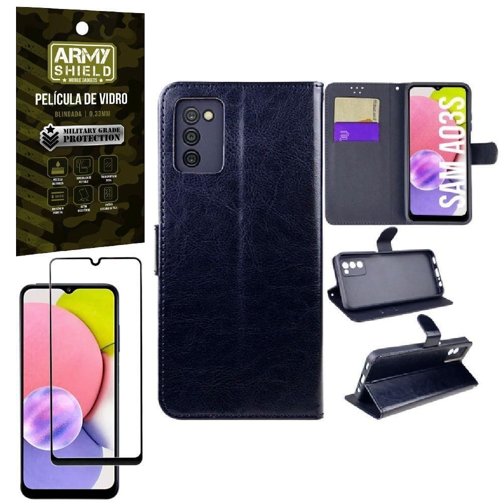 Capinha Carteira Samsung A03S + Película Vidro 3D Armyshield