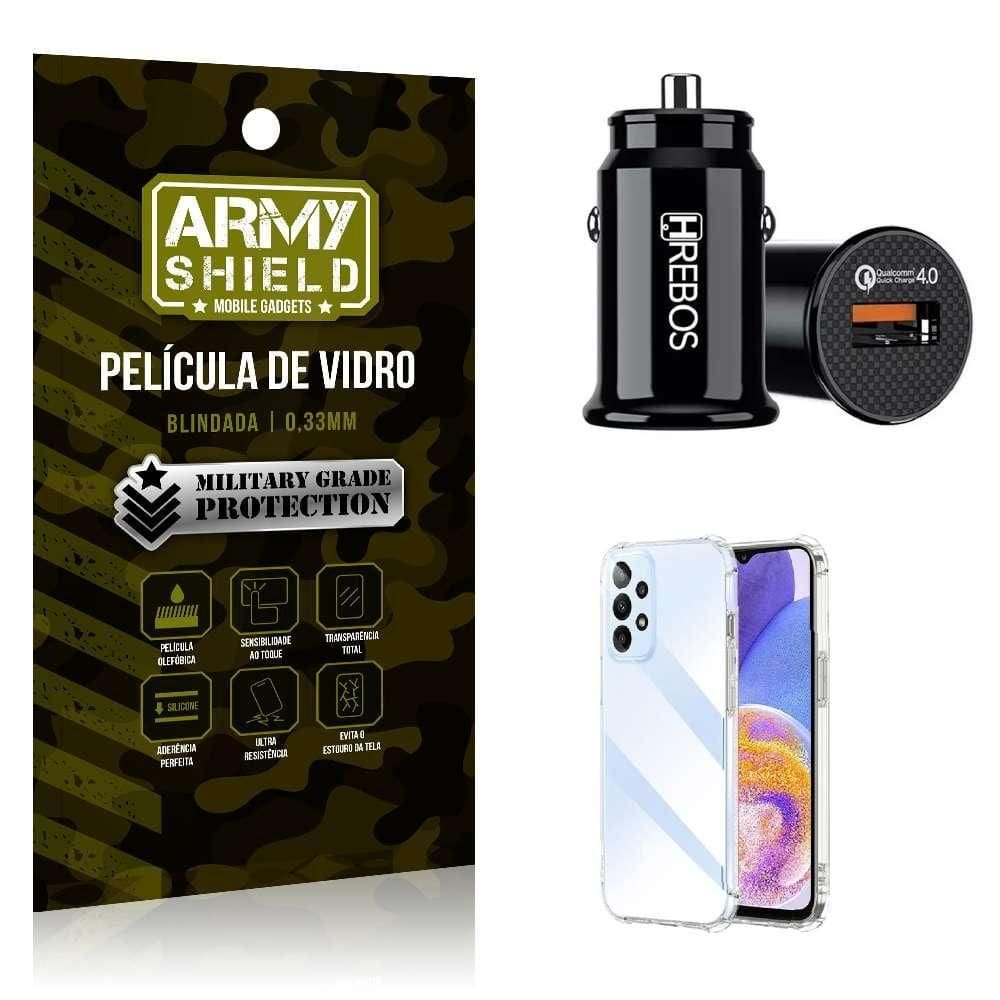 Carregador Veicular Com Capinha Samsung A23 5G E Película 3D