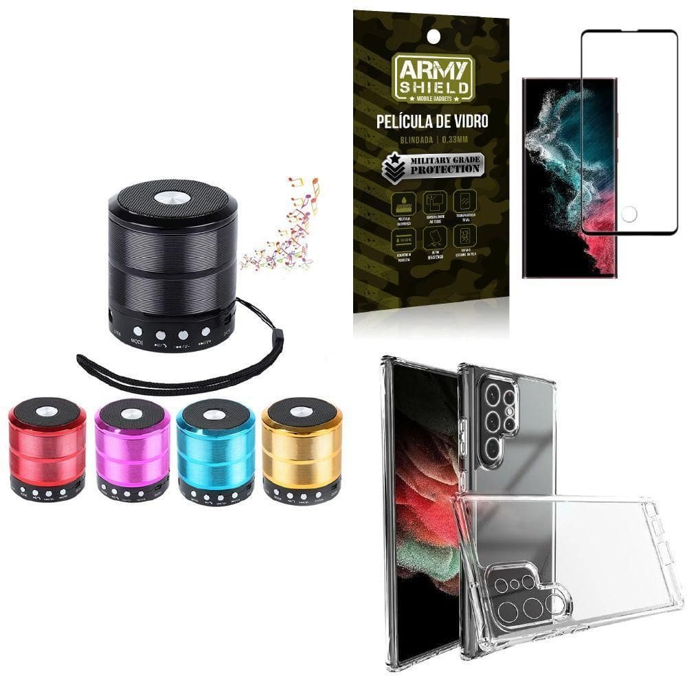 Kit Capinha S22 Ultra + Mini Som Bluetooth + Película 3D