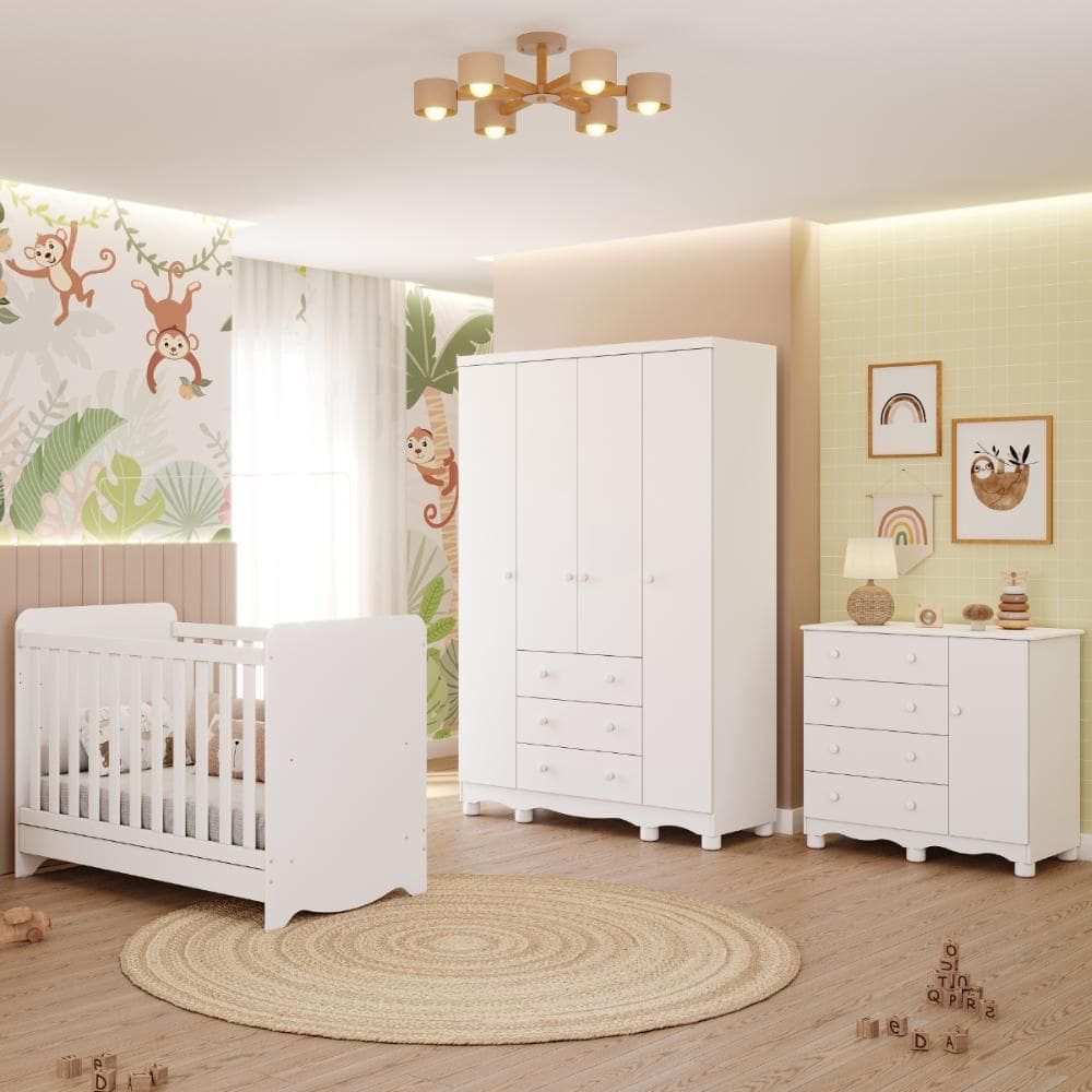 Quarto Bebê Completo Berço Americano Bem 3em1 Guarda Roupas 4 Portas Cômoda 1 Porta Junior 100% MDF