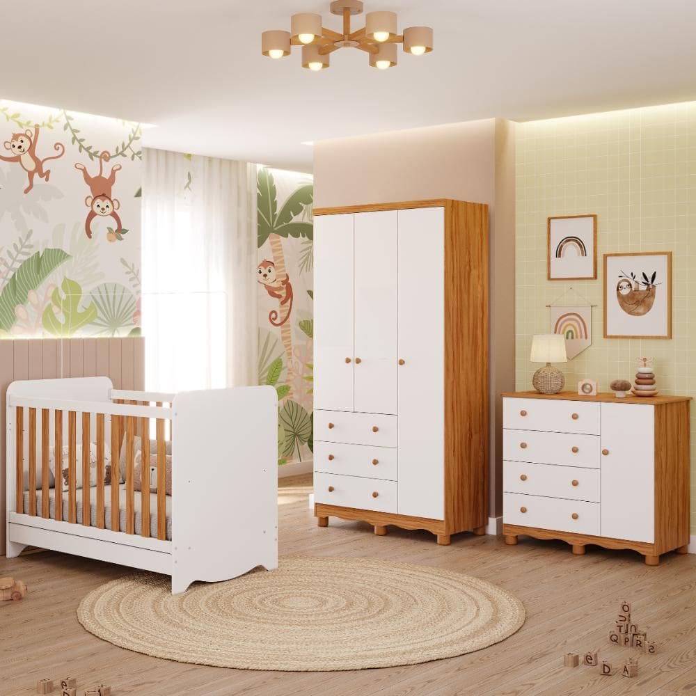 Quarto Bebê Completo Berço Americano Bem 3 em 1 Guarda Roupas 3 Portas Cômoda Junior 100% MDF