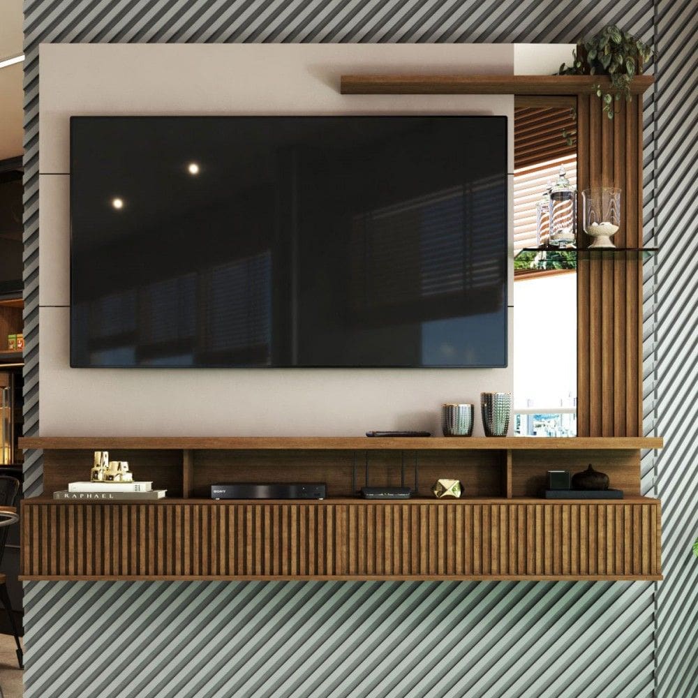 Painel para TV Até 60 Polegadas Sergipe 2 Portas com Espelho e Ripado Freijó/Off White - Panorama Móveis