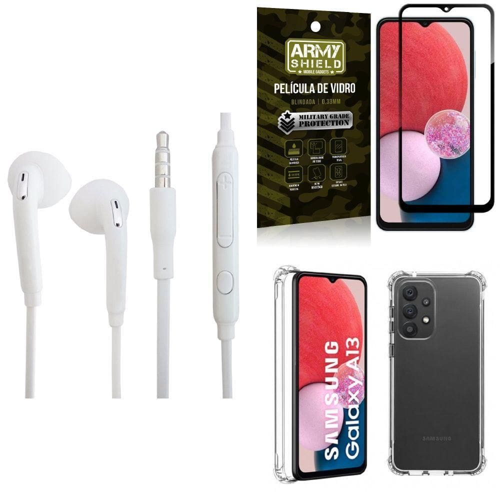 Kit Capinha Samsung A13 4G + Fone De Ouvido P2 + Película