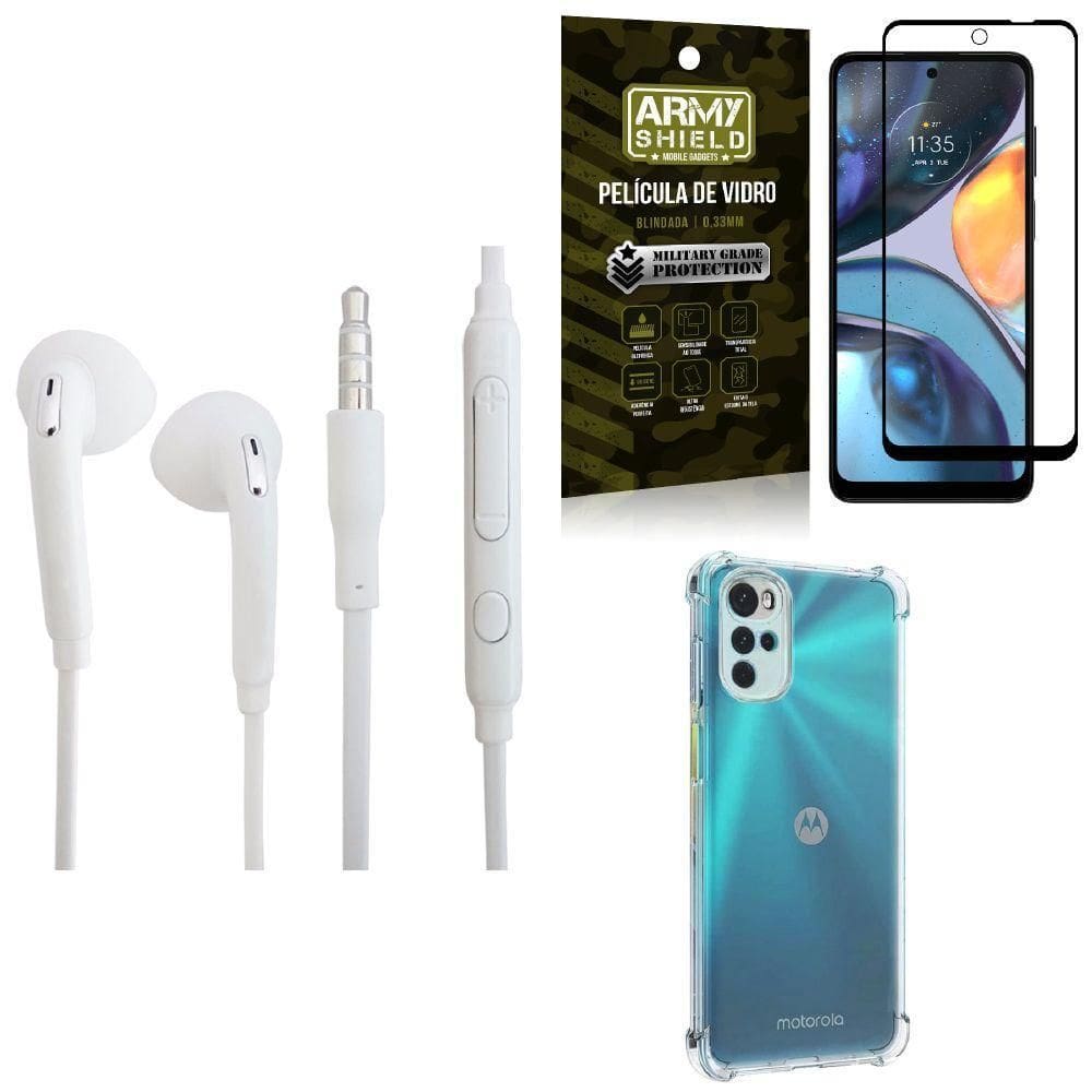Kit Capinha Moto G22 + Fone De Ouvido P2 + Película