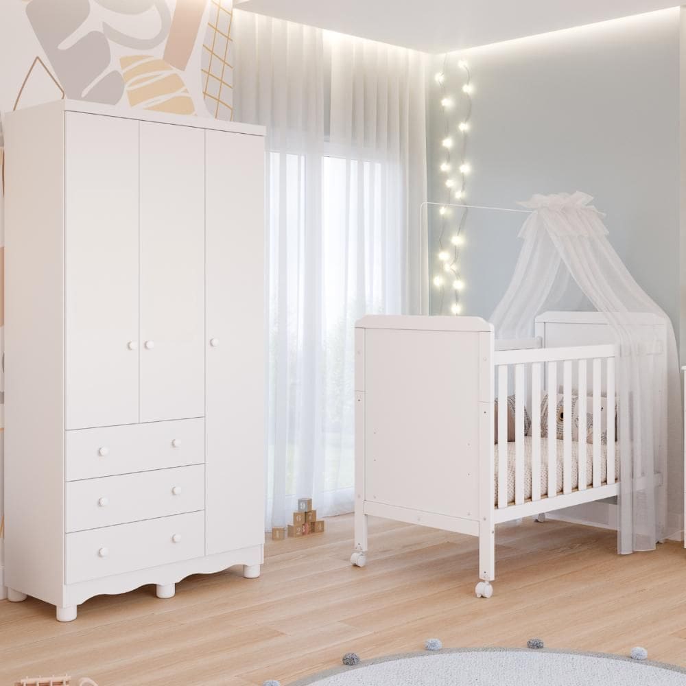 Quarto de Bebê Completo Berço Americano Cloe 2 em 1 Guarda Roupas 3 Portas 3 Gavetas Junior 100% MDF