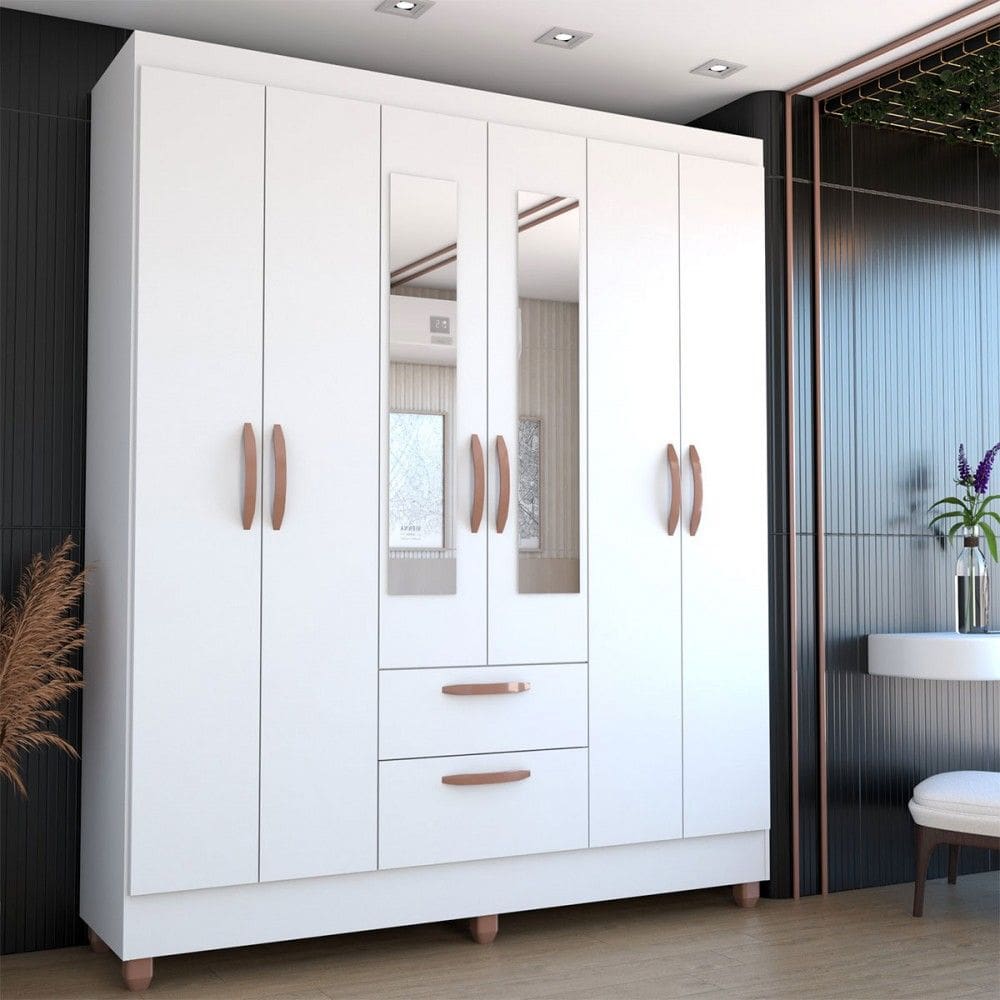 Guarda-Roupa Solteiro Virtuoso 6 Portas 2 Gavetas com Espelho Branco Brilho - Panorama Móveis