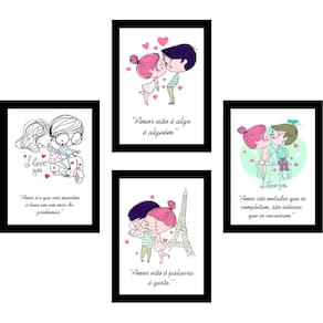 Kit 4 Quadros Com Moldura Frases Amor Namorados