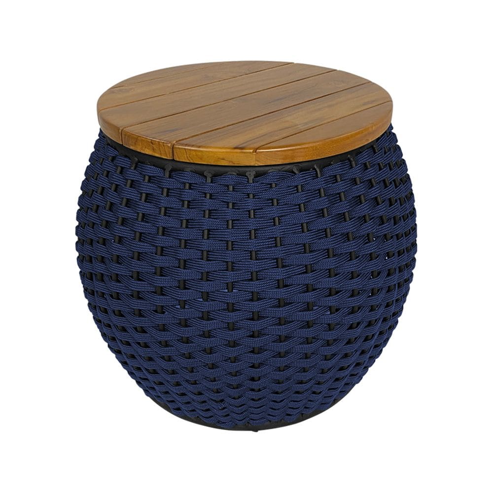Puff Barril Alumínio Tampo Madeira Corda Náutica Azul Marinho