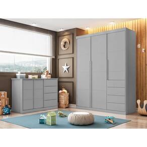 Quarto completo com Guarda Roupa 3 Portas e 4 Gavetas + Cômoda 2 Portas e 4 Gavetas Pérola Cinza - Phoenix Baby