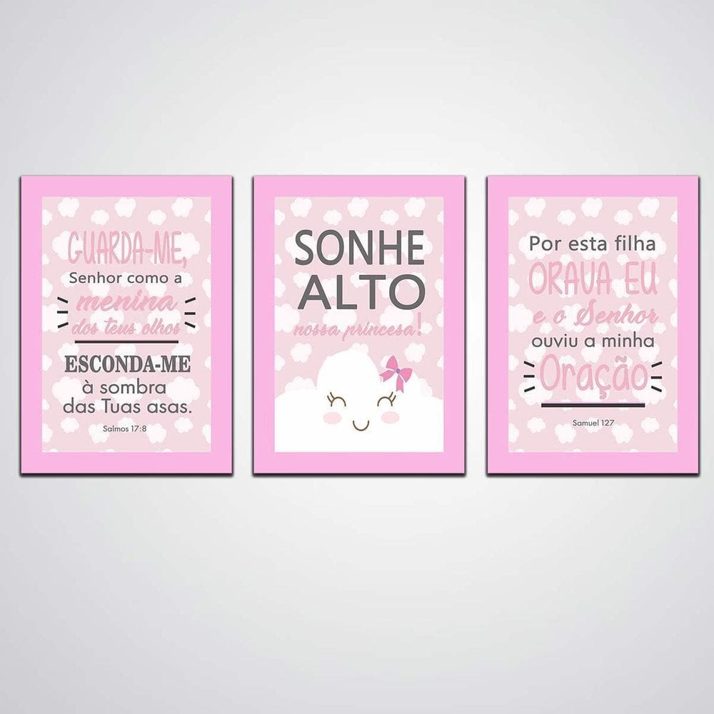 Quadro Sonhe Alto Minha Pequena 3 Peças Rosa