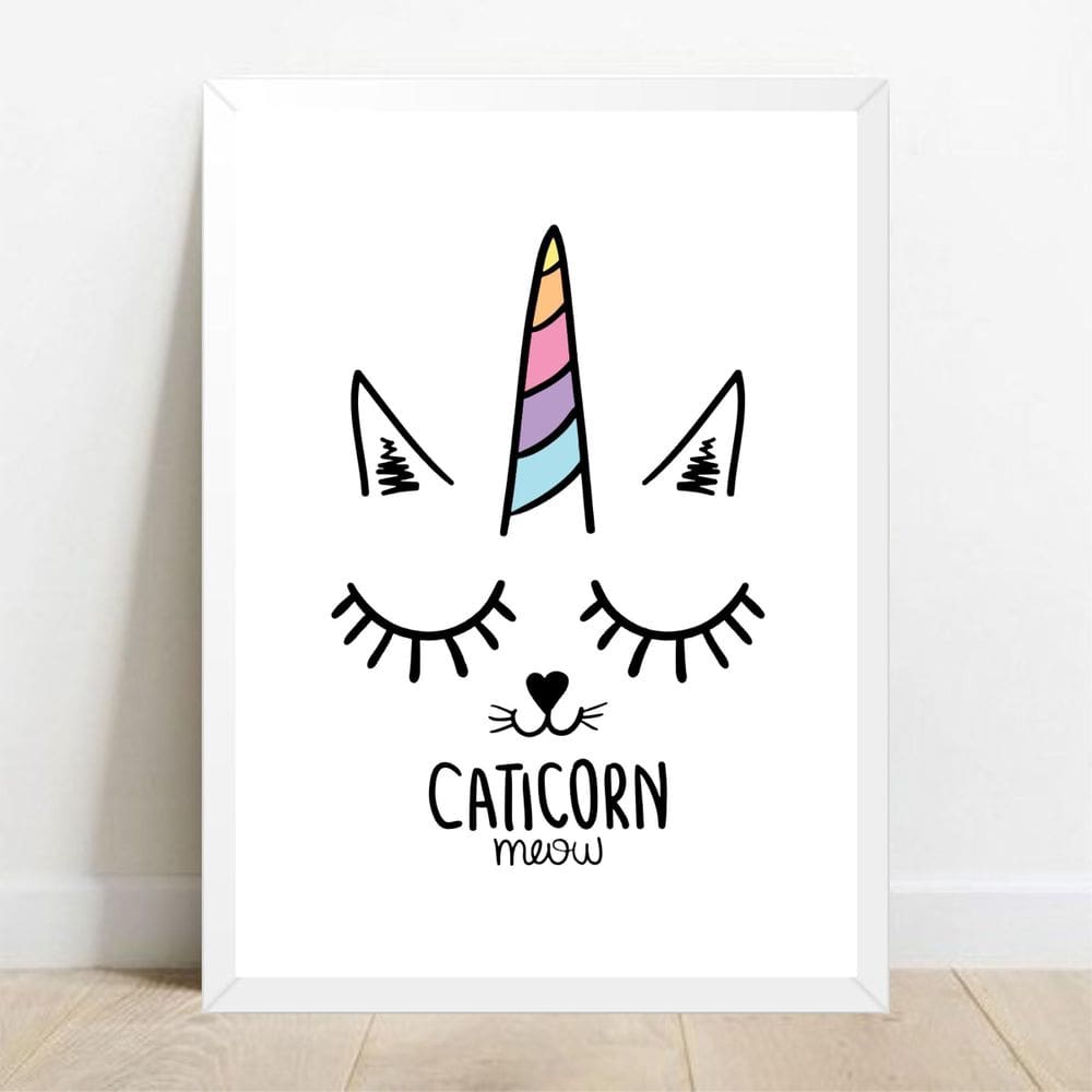 Quadro Decorativo Caticorn - Moldura Branca E Vidro  A4