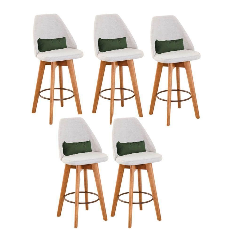 Kit 05 Banquetas Alta Maya Giratória Com Encosto Gourmet Linho Bege e Almofada Suede Verde Musgo - Aurora Line