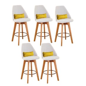 Kit 05 Banquetas Alta Maya Giratória Com Encosto Gourmet Linho Bege e Almofada Suede Amarelo - Aurora Line