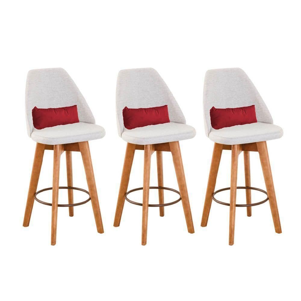 Kit 03 Banquetas Alta Maya Giratória Com Encosto Linho Bege Claro e Almofada Corino Vermelho - Aurora Line