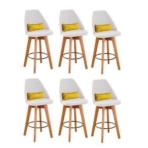 Kit 06 Banquetas Alta Maya Giratória Com Encosto Gourmet Linho Bege e Almofada Suede Amarelo - Aurora Line