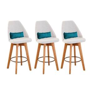Kit 03 Banquetas Alta Maya Giratória Com Encosto Linho Bege Claro e Almofada Suede Azul Turquesa - Aurora Line