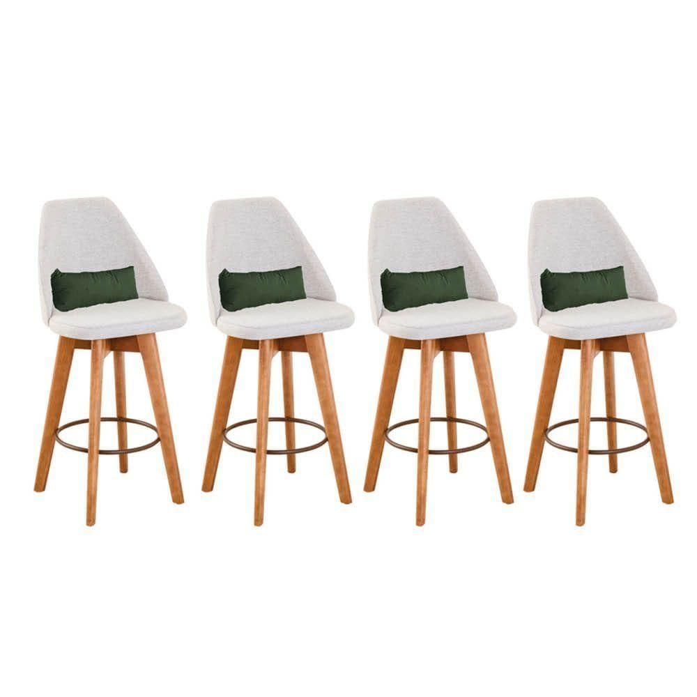 Kit 04 Banquetas Alta Maya Giratória Com Encosto Linho Bege Claro e Almofada Suede Verde Musgo - Aurora Line