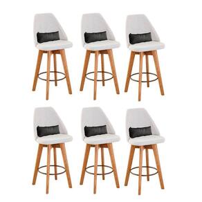 Kit 06 Banquetas Alta Maya Giratória Com Encosto Gourmet Linho Bege e Almofada Suede Cinza - Aurora Line