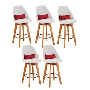 Kit 05 Banquetas Alta Maya Giratória Com Encosto Gourmet Linho Bege e Almofada Sintético Vermelho - Aurora Line