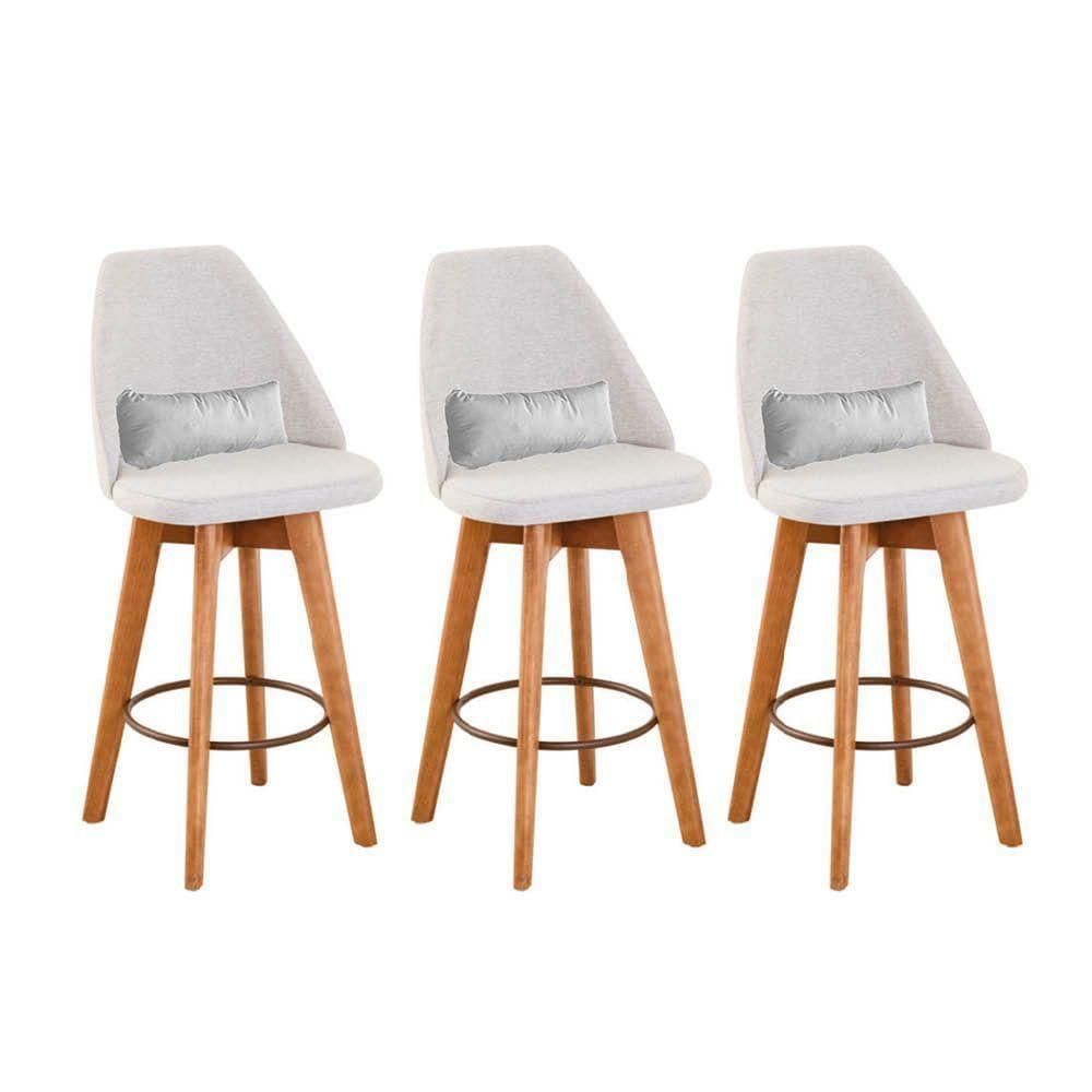 Kit 03 Banquetas Alta Maya Giratória Com Encosto Linho Bege Claro e Almofada Sintético Branco - Aurora Line